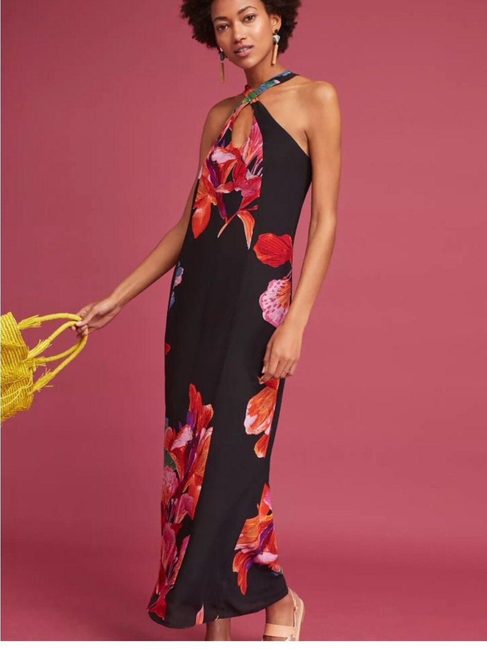 Anthropologie Maeve Silk Black Maxi Dress with Floral Print